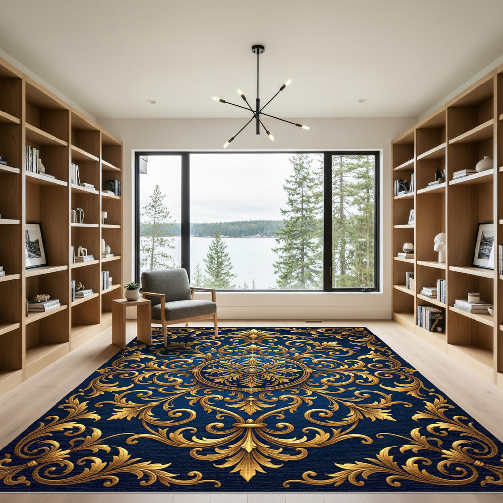 Royal Navy Gold Ornate Scroll Medallion Rug
