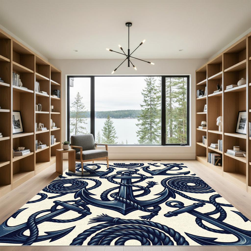 Nautical Navy Blue Anchor Rope Rug