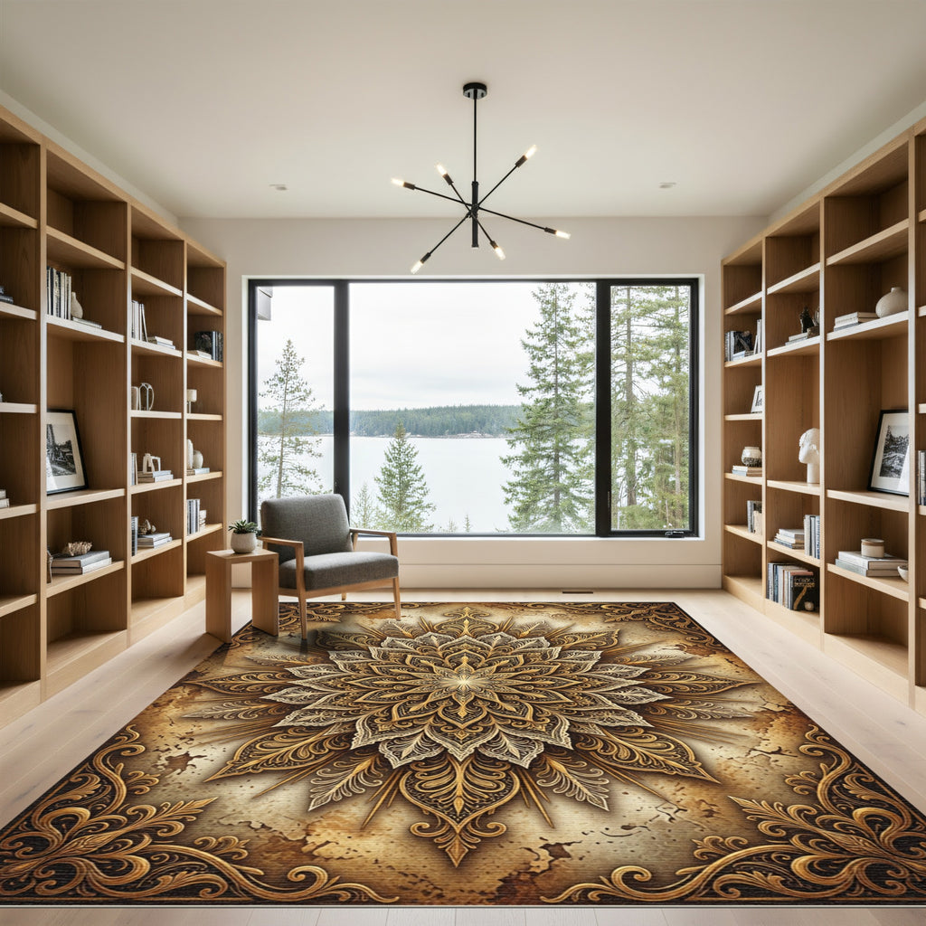 Ornate Golden Filigree Floral Mandala Rug