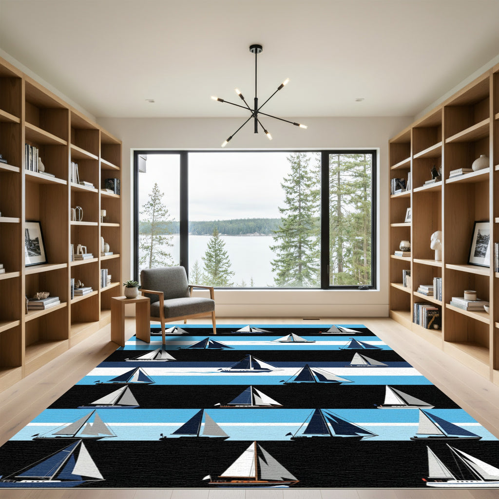 Navy Blue Sailboat Nautical Stripes Rug