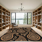 Elegant Gold Paisley Floral Black Tapestry Rug