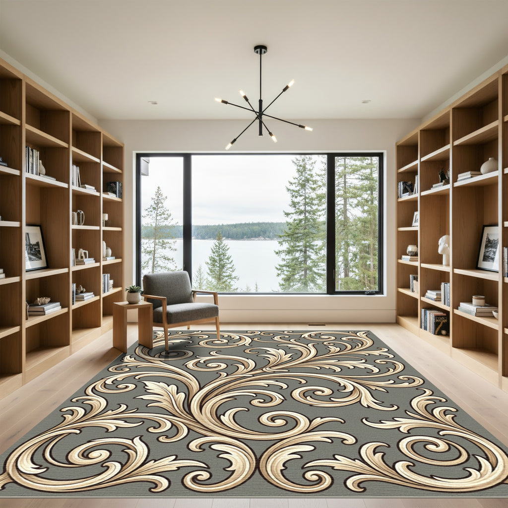 Golden Scrollwork Acanthus Leaf Pattern Rug