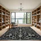 Monochrome Baroque Mask Filigree Scrollwork Art Rug