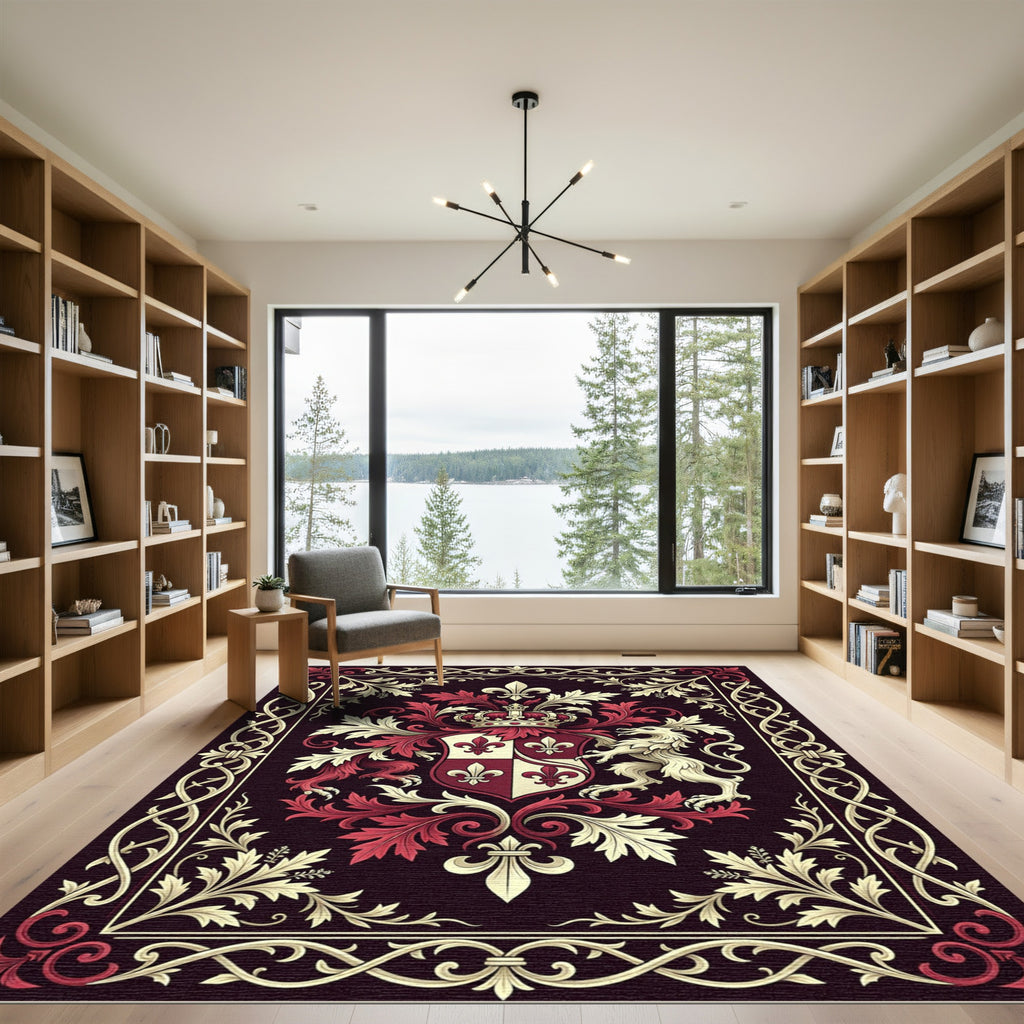 Royal Crimson Fleur-de-lis Heraldic Crest Rug