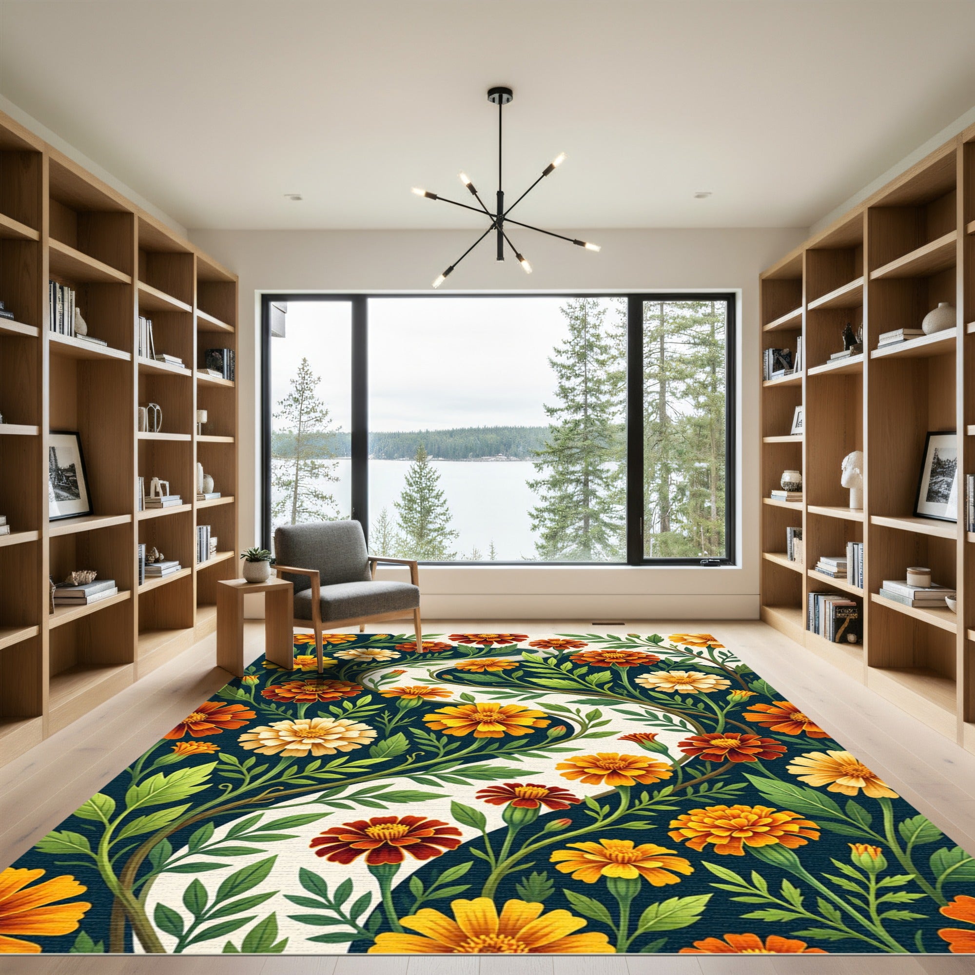 Vibrant Marigold Floral S-Curve Winding Rug