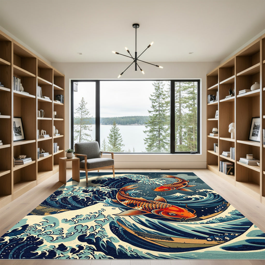 Great Wave Imperial Koi Carp Art Rug