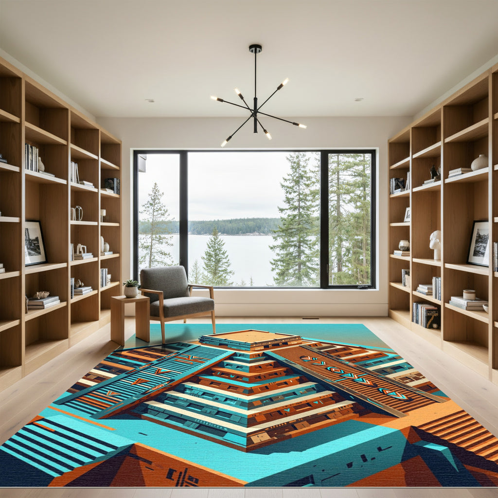 Isometric Aztec Pyramid Geometric Orange Teal Rug