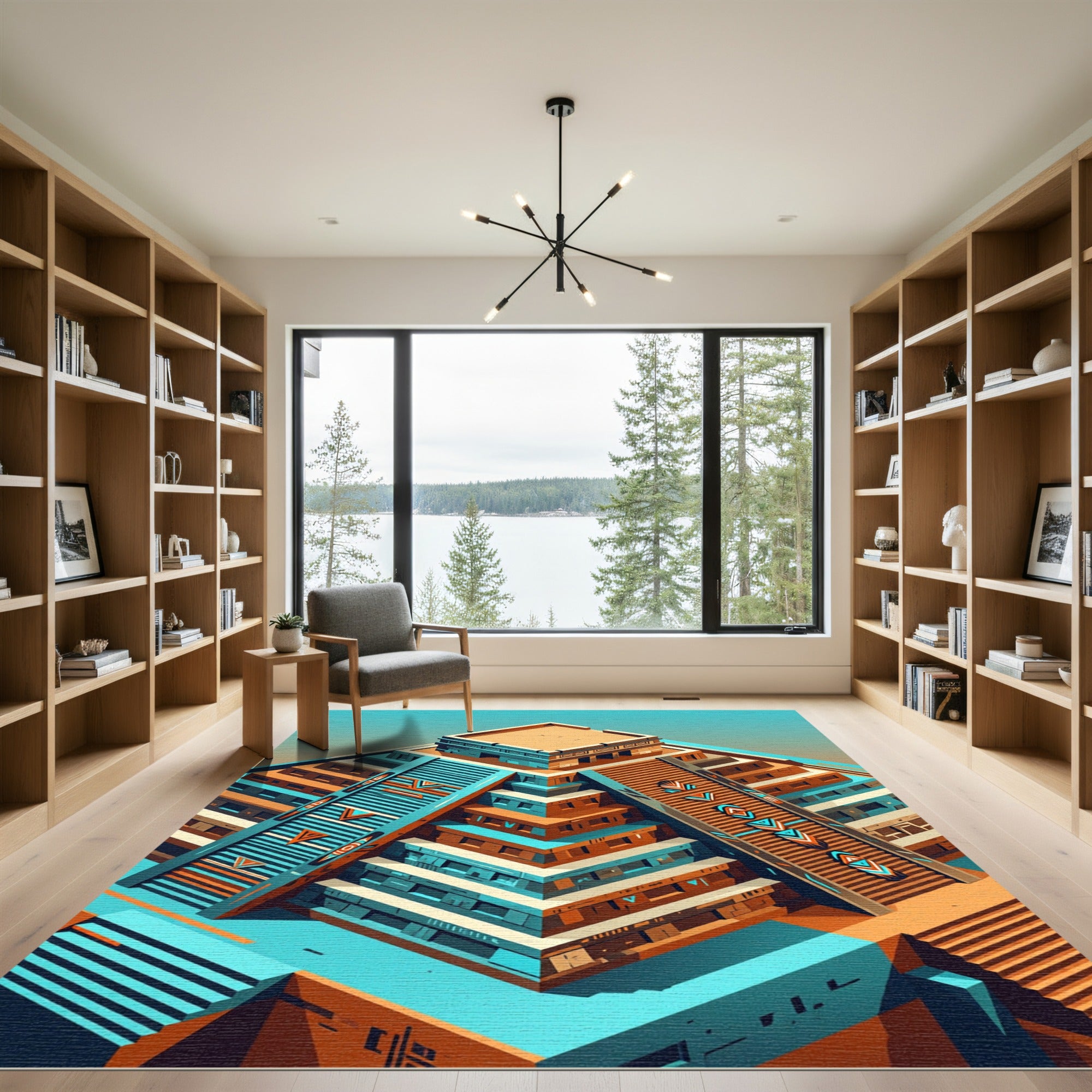 Isometric Aztec Pyramid Geometric Orange Teal Rug