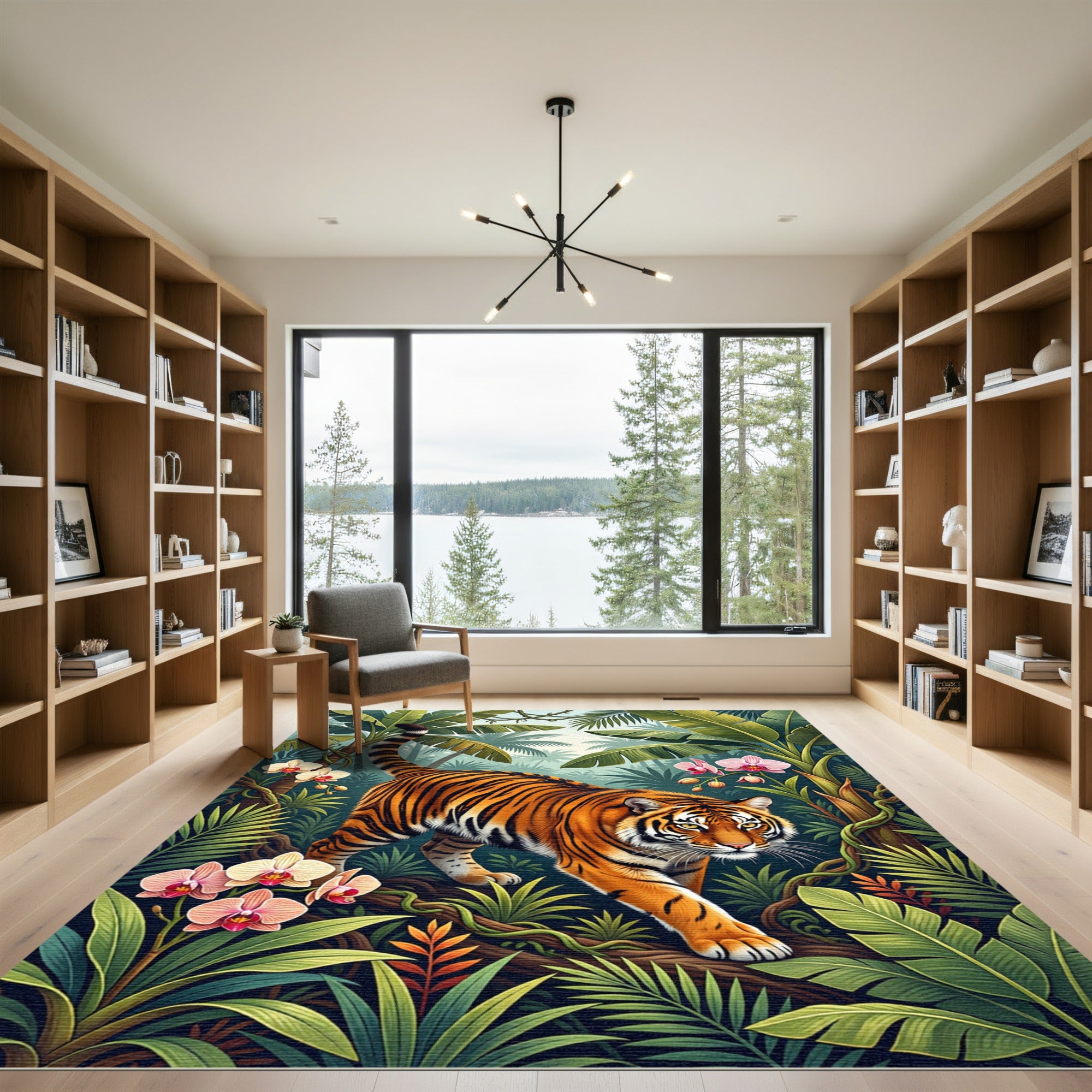 Vibrant Tiger in Tropical Orchid Forest Rug