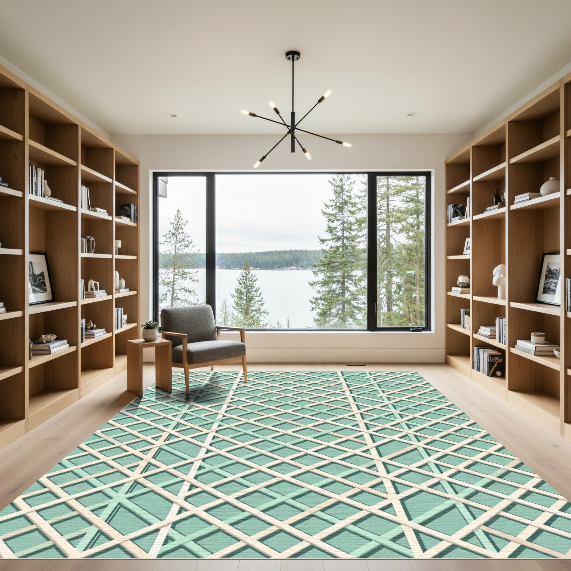 Mint and Cream Geometric Interlaced Lattice Rug