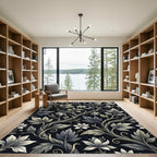 Rich Black Floral Vine Arrangement Rug