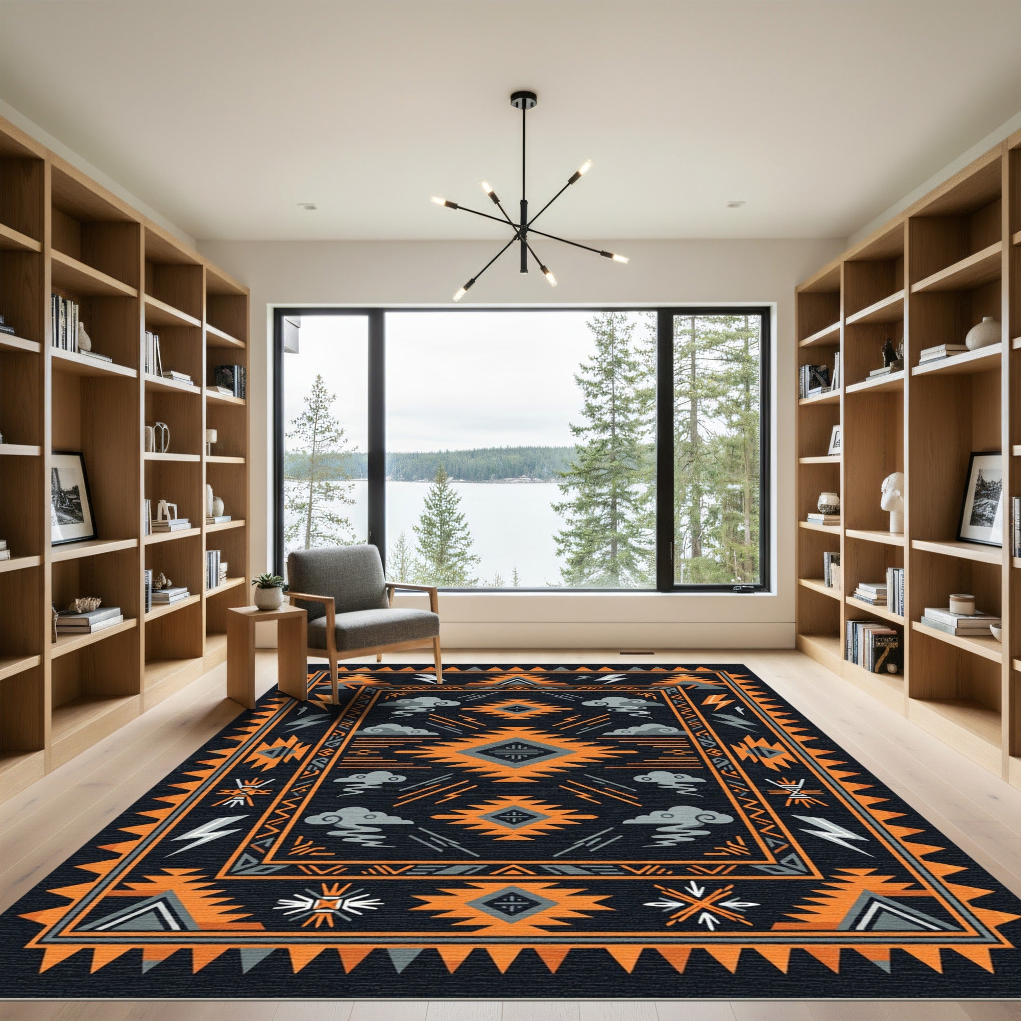 Bold Orange Black Geometric Lightning Rug