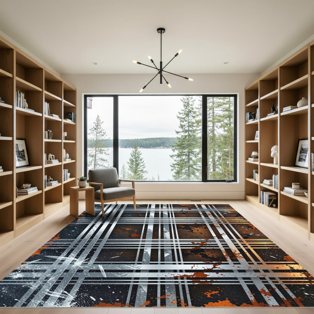 Industrial Metallic Grid with Rust Accents Rug