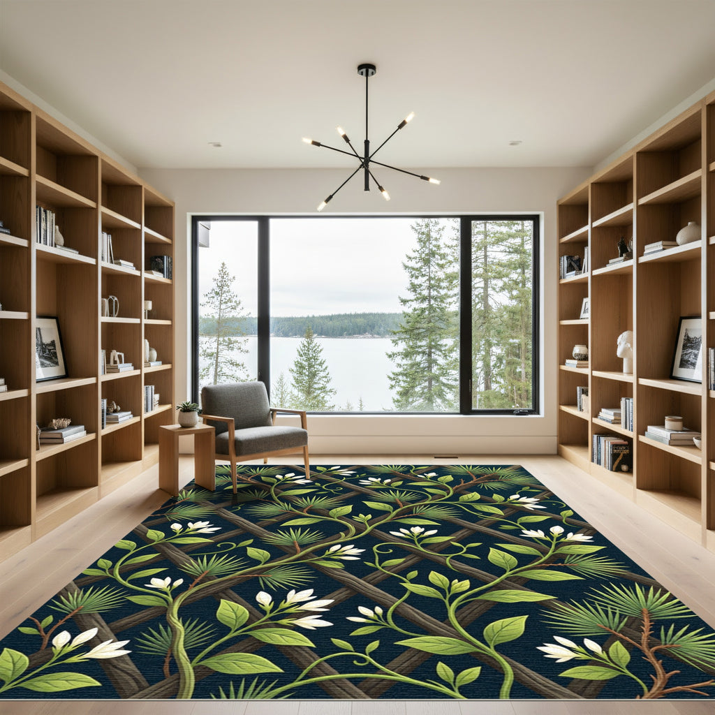 Dark Botanical Jasmine and Pine Trellis Rug