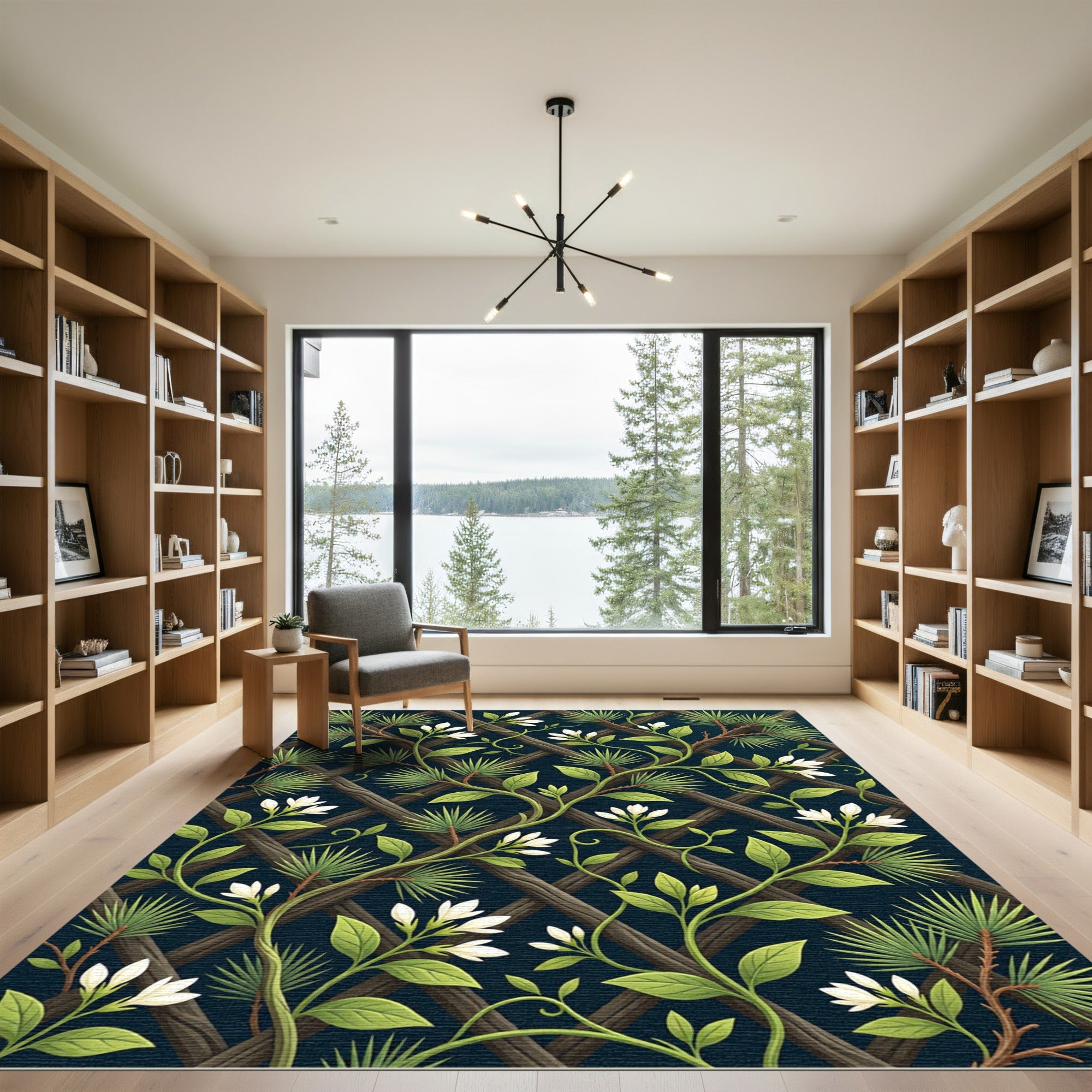 Dark Botanical Jasmine and Pine Trellis Rug