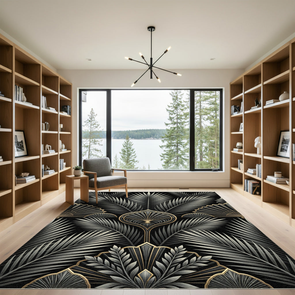 Art Deco Black Gold Palm Leaf Rug