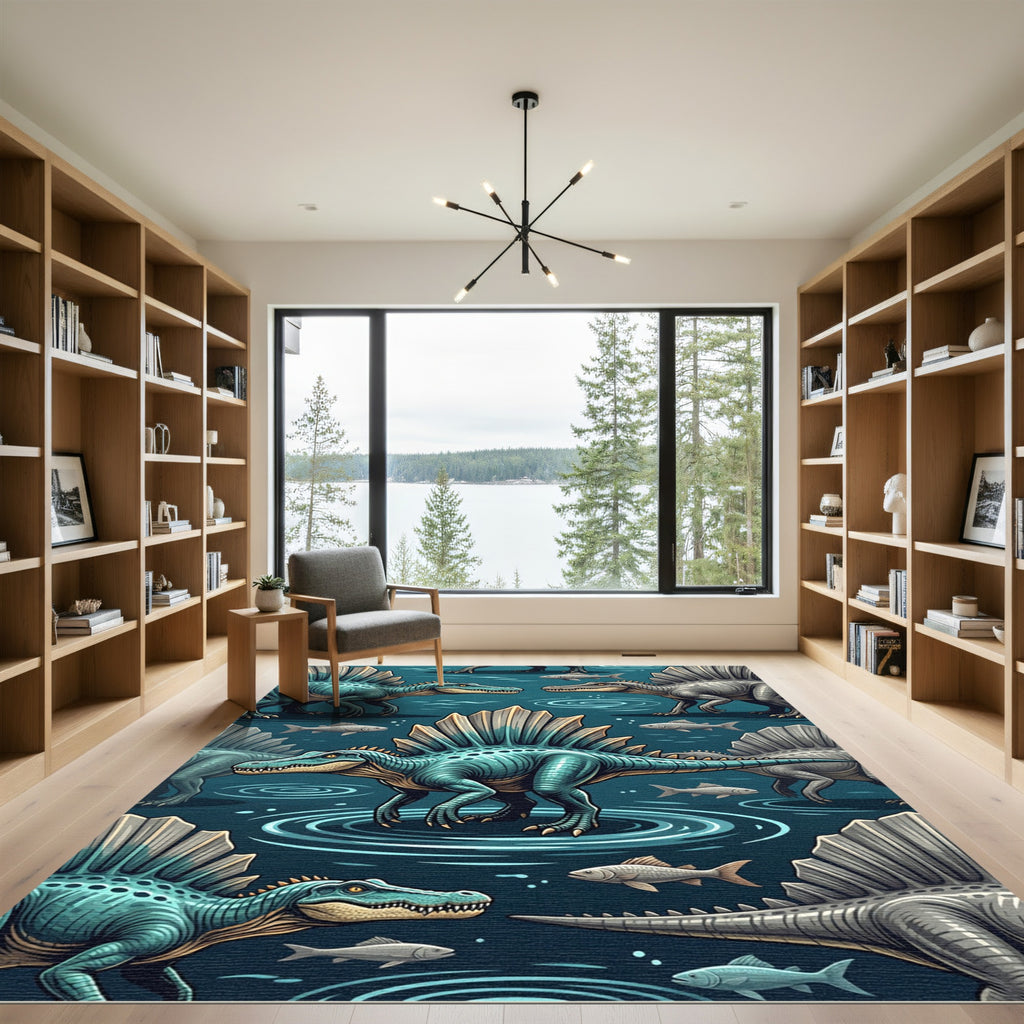 Teal Spinosaurus and Fish Oceanic Illustration Rug