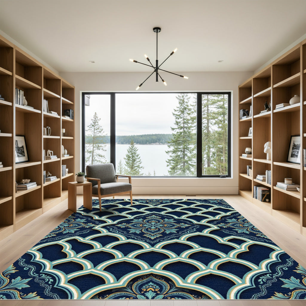 Elegant Navy Teal Arched Damask Art Rug