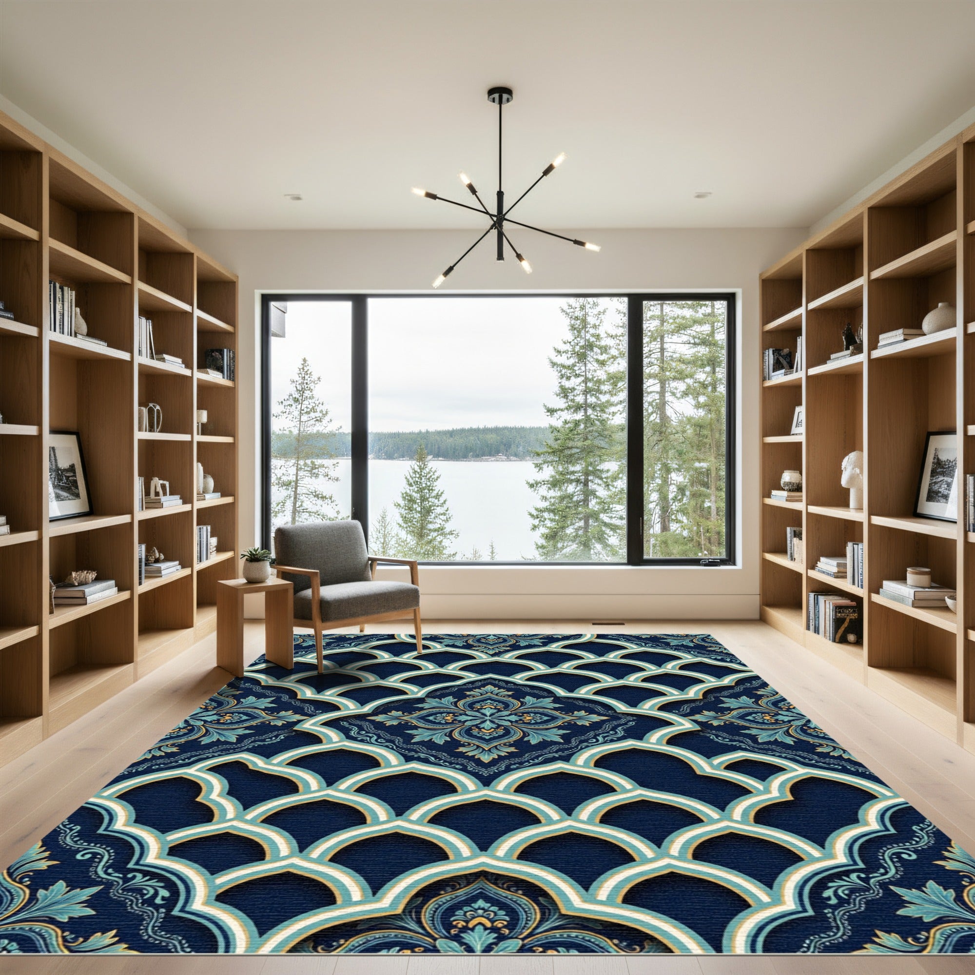 Elegant Navy Teal Arched Damask Art Rug