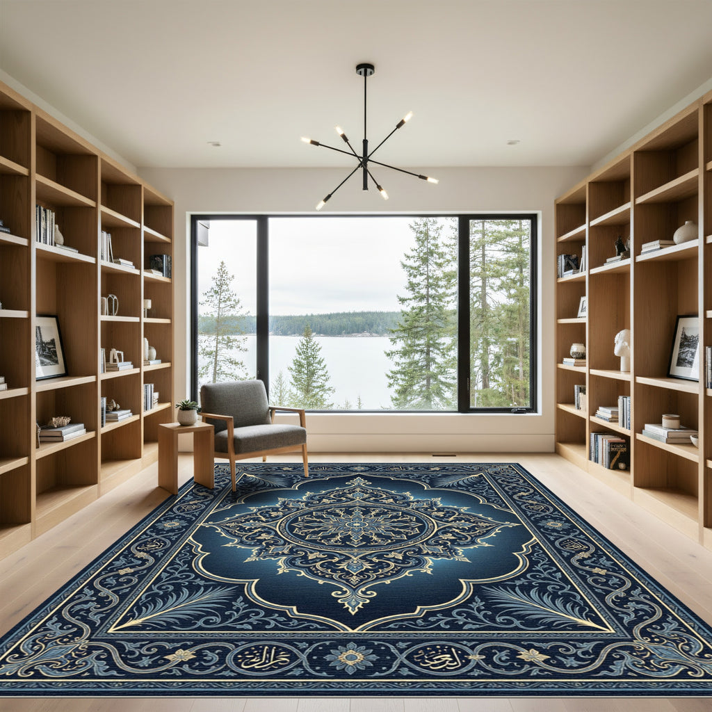 Ornate Midnight Blue Floral Mandala Rug