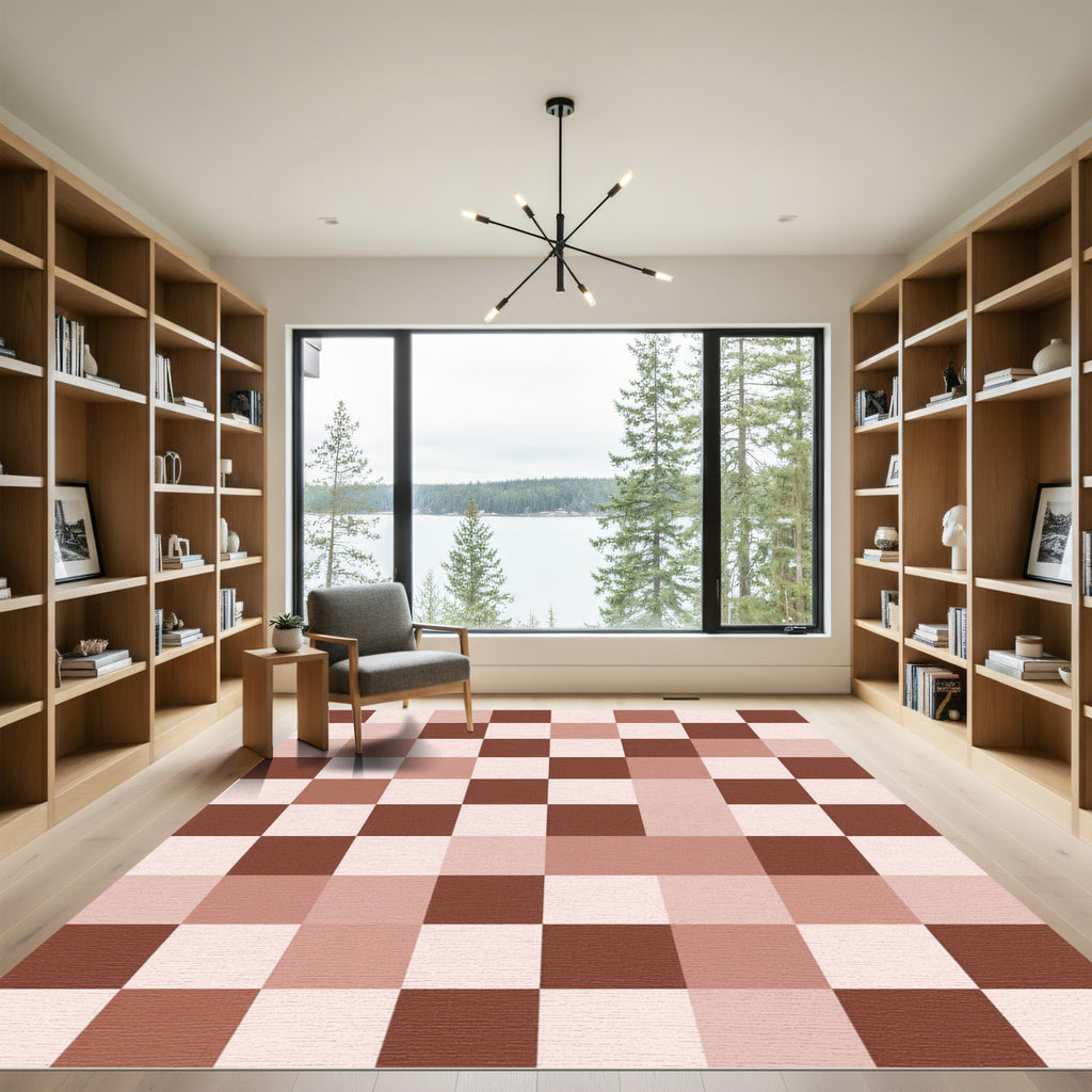 Warm Brown Checkerboard Square Arrangement Rug