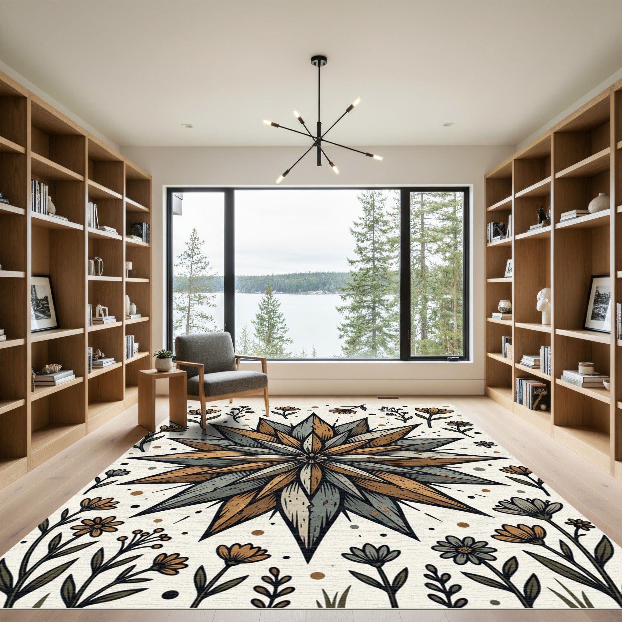 Earthy Starflower Woodcut Floral Illustration Rug
