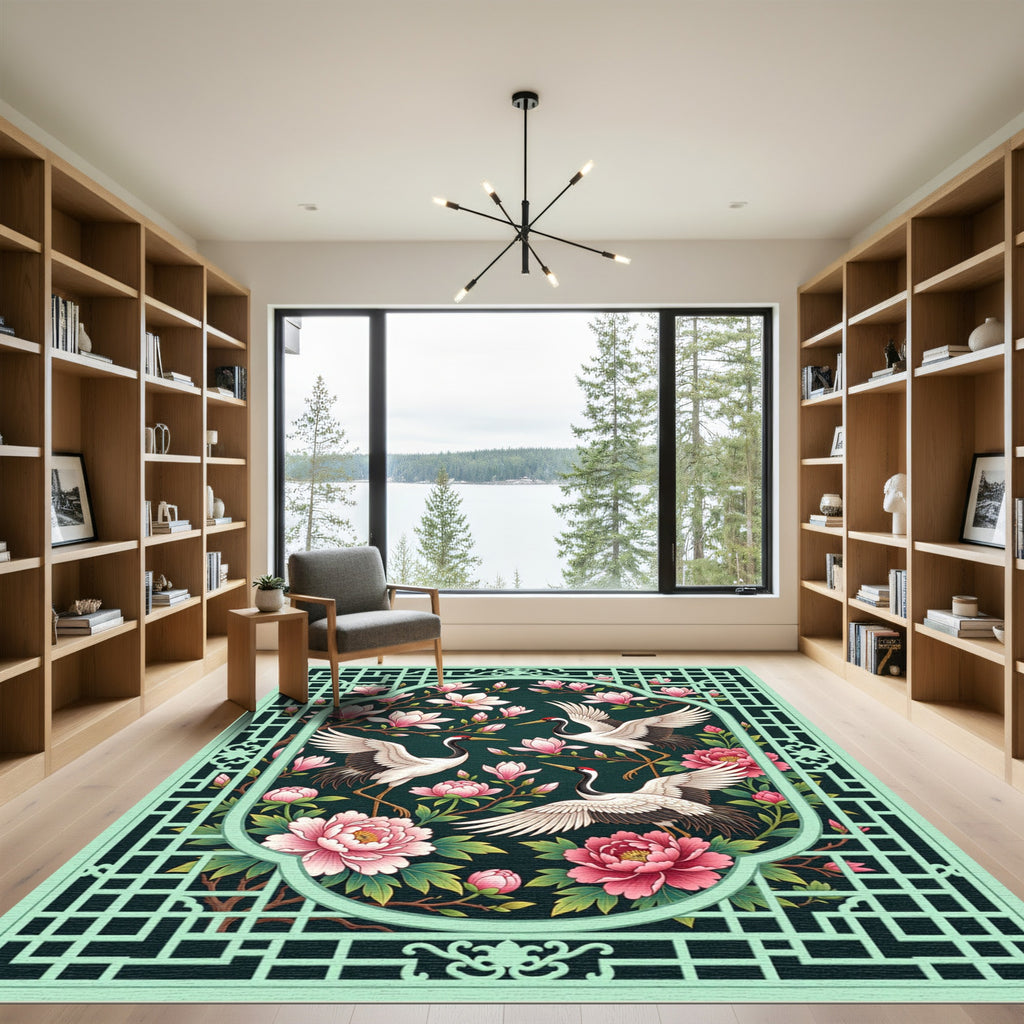 Elegant Crane Magnolia Sage Peony Art Rug