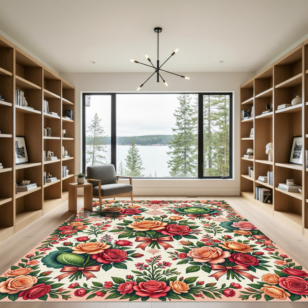 Peach and Crimson Rose Bouquet Tapestry Rug