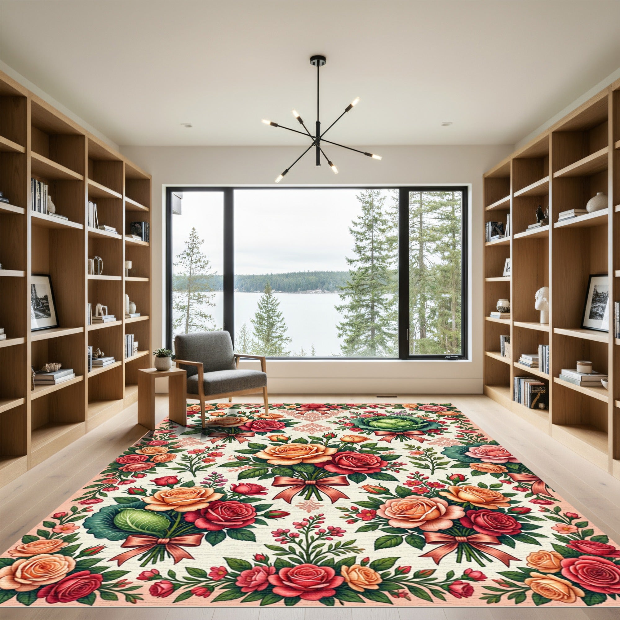 Peach and Crimson Rose Bouquet Tapestry Rug