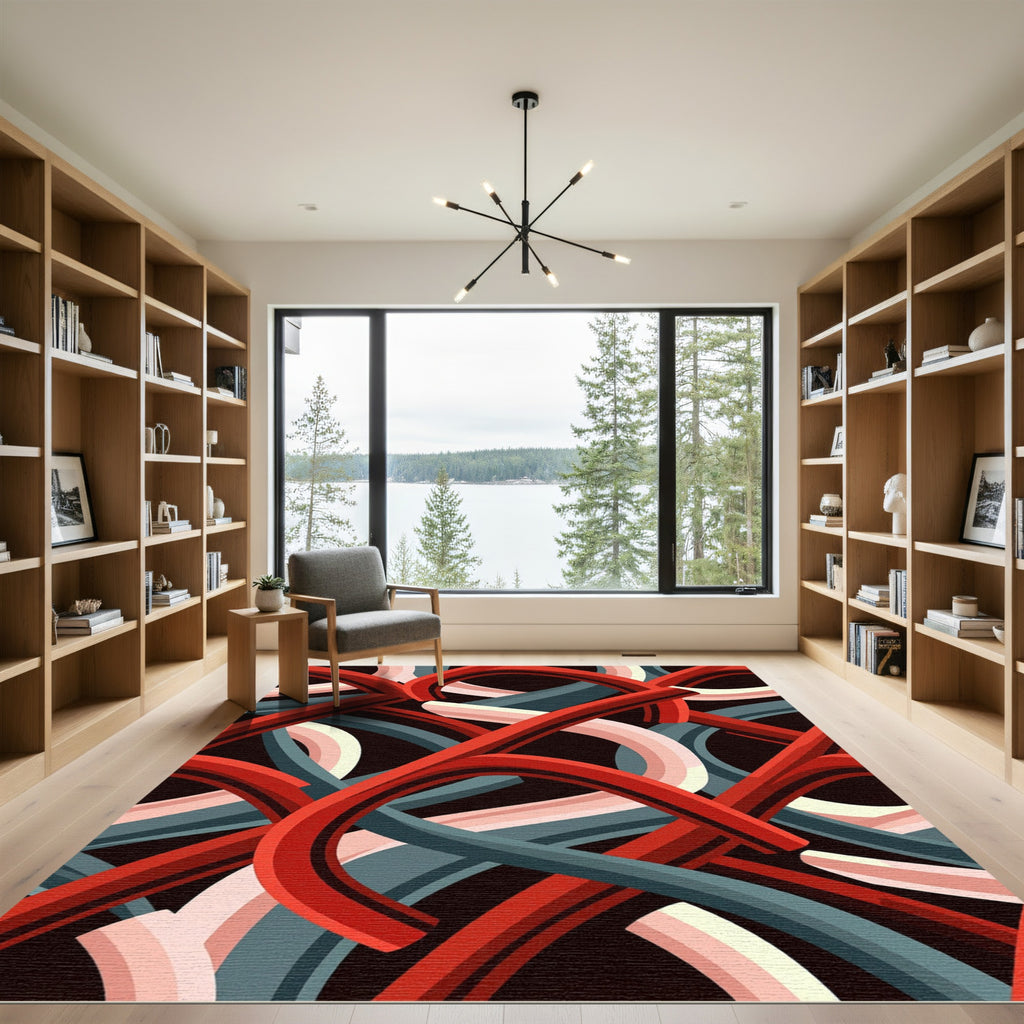 Retro Red Curving Lines Rug