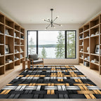 Woven Monochrome Gold Abstract Interlocking Grid Rug