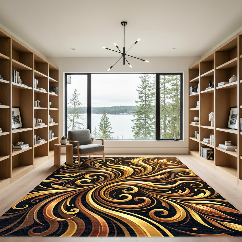 Elegant Gilded Swirl Floral Art Rug