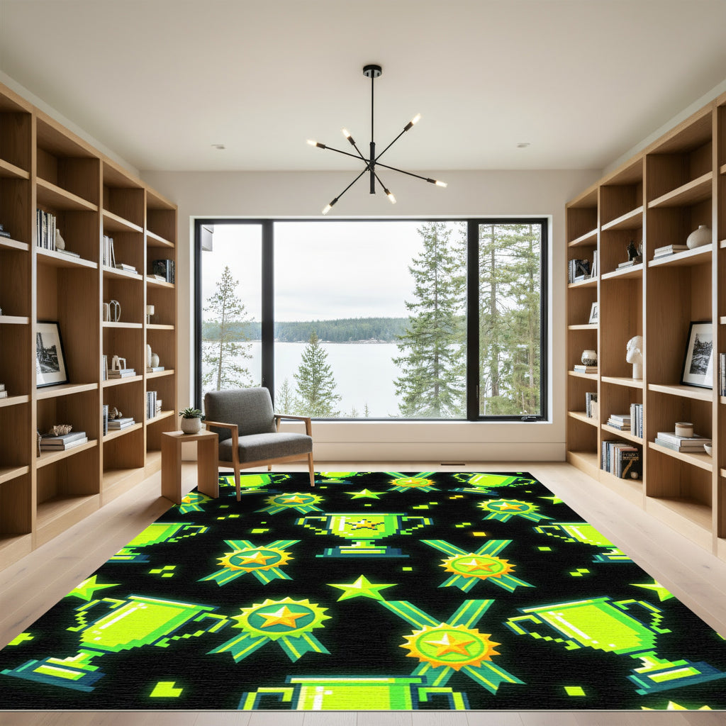 Neon Pixel Gamer Trophy Award Rug