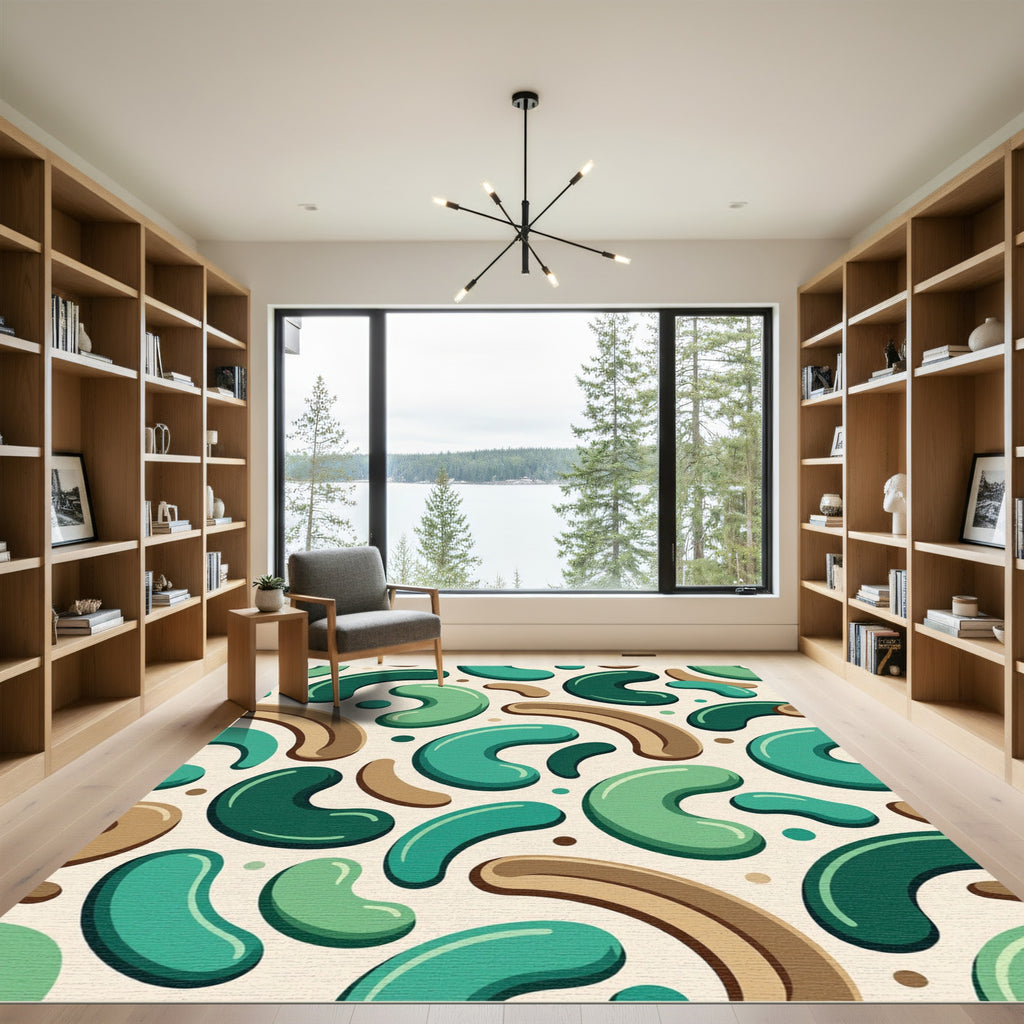 Abstract Teal Curved Bean Mid-Century Form Rug