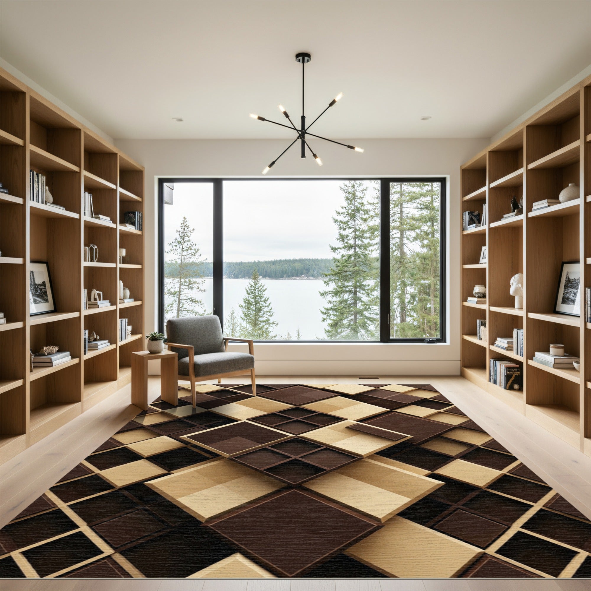 Geometric Espresso and Cream Layered Blocks Rug