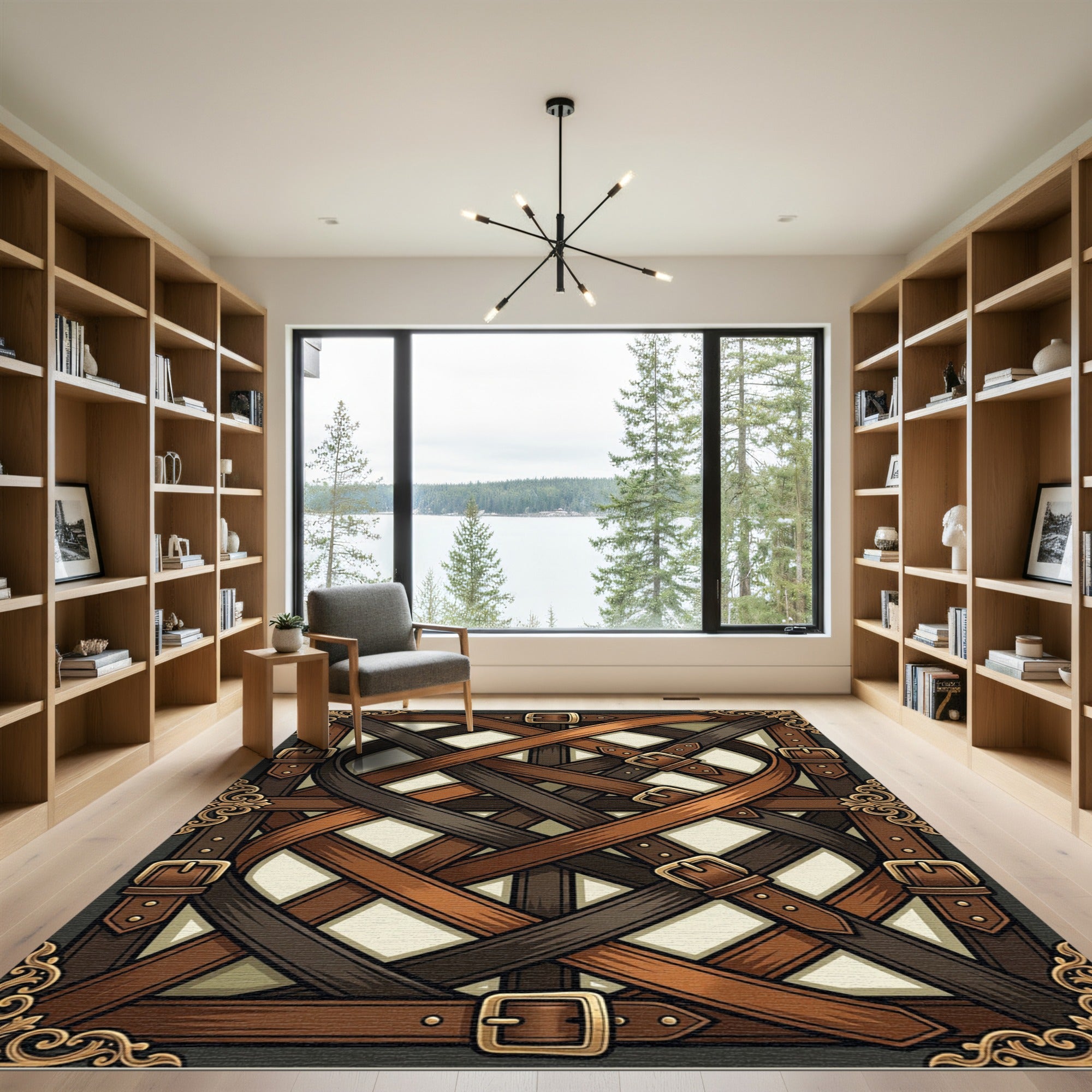 Leather Buckles Straps Intertwined Composition Rug