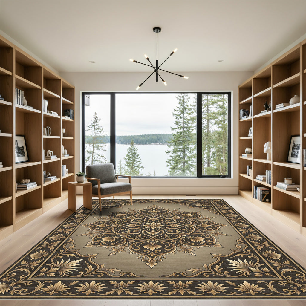 Elegant Gold Damask Floral Medallion Rug
