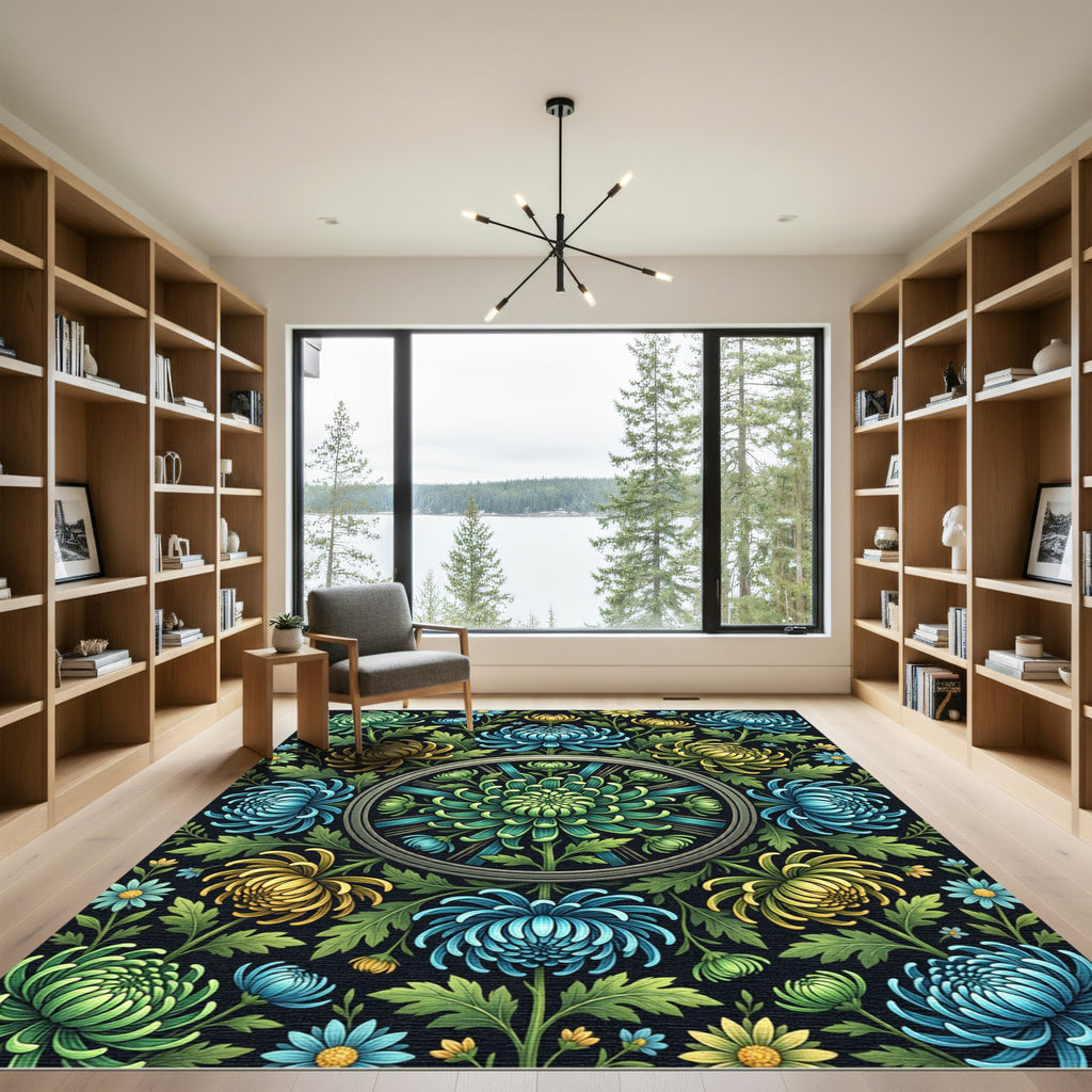 Radiant Blue and Gold Chrysanthemum Medallion Rug