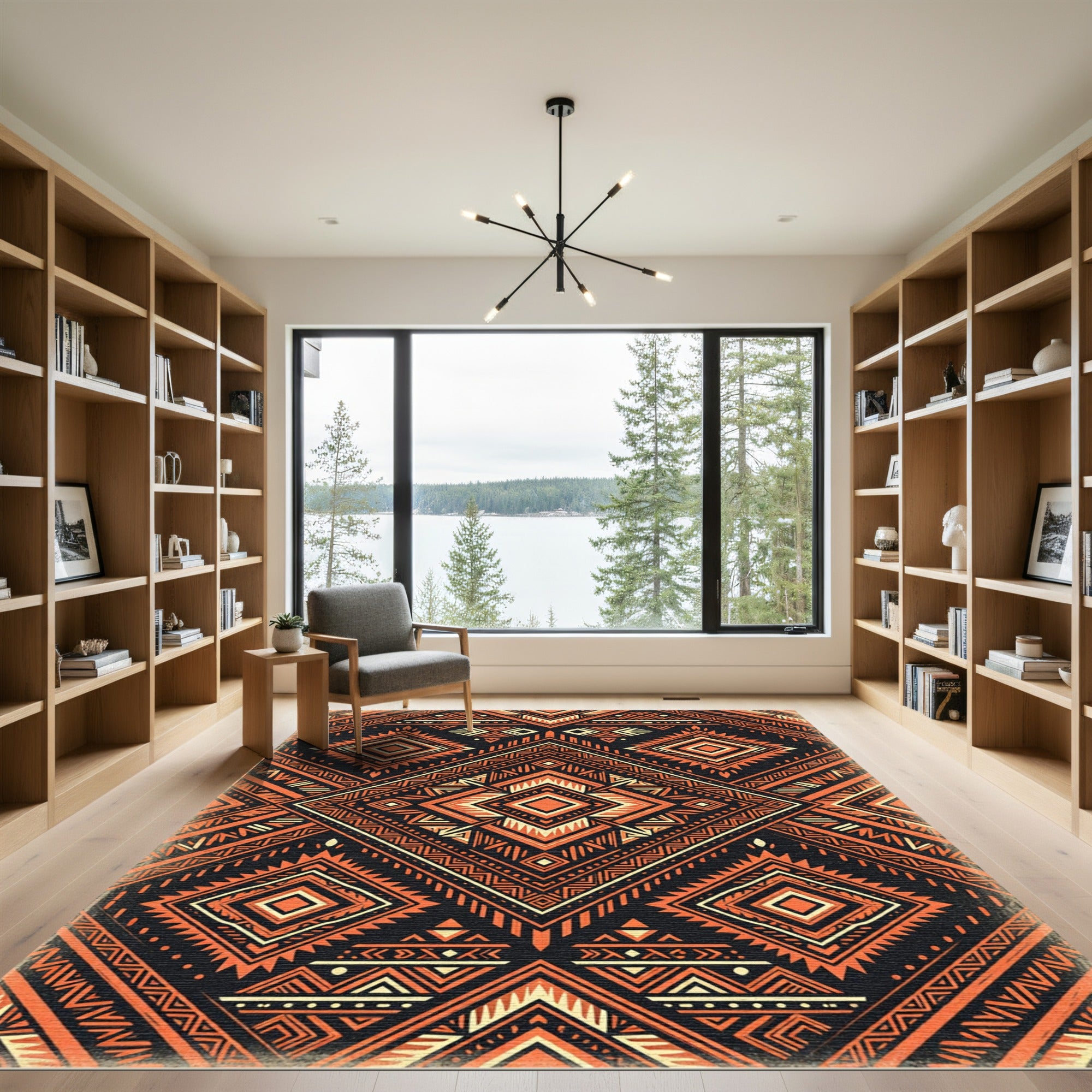 Bold Orange Black Geometric Tribal Ink Rug