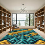 Geometric Teal and Golden Pyramid Abstract Rug