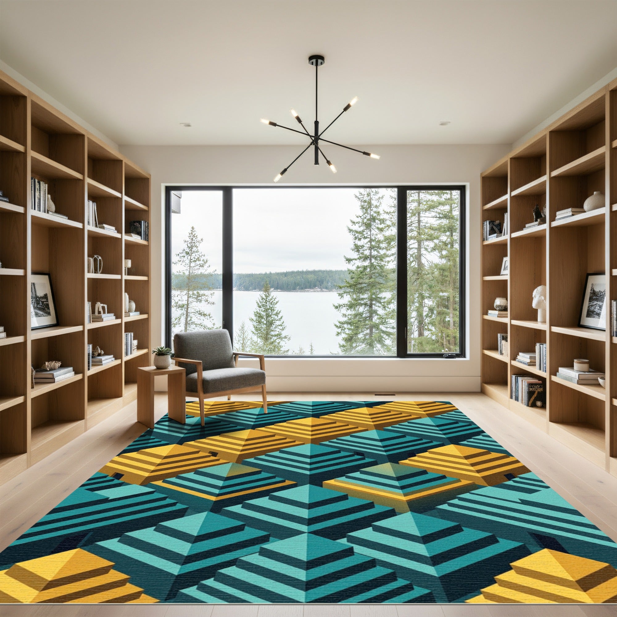 Geometric Teal and Golden Pyramid Abstract Rug