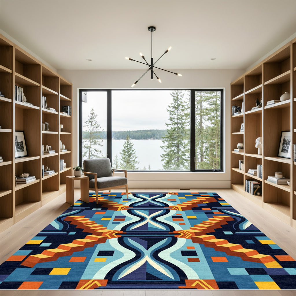 Bold Orange Abstract Geometric Stairs Rug