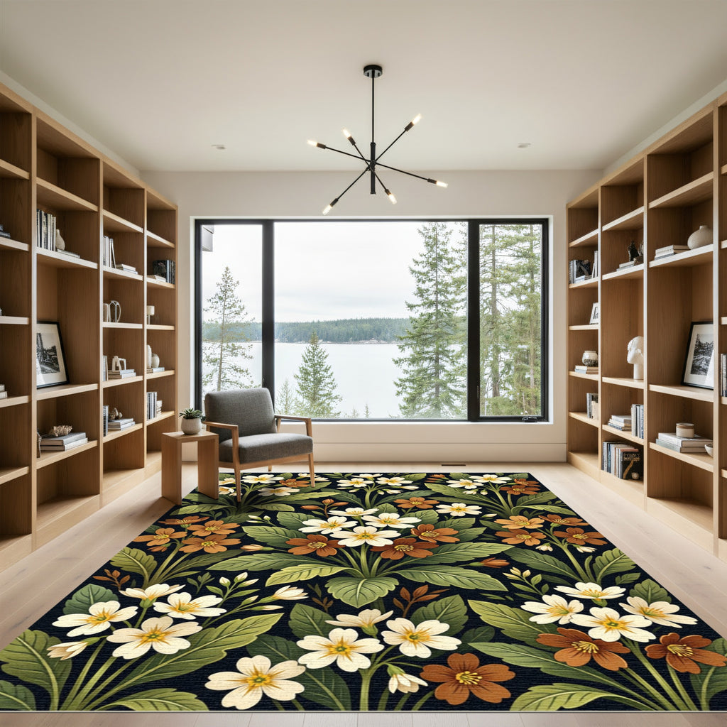 Botanical White and Copper Floral Meadow Rug
