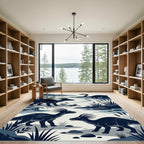 Minimalist Navy Dinosaur Landscape Scene Rug