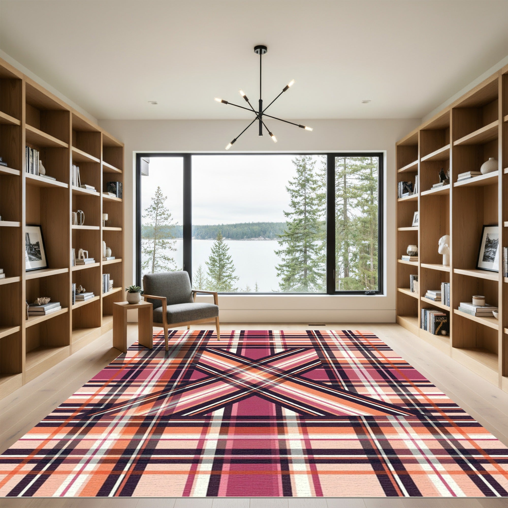 Abstract Peach and Magenta Plaid Rug