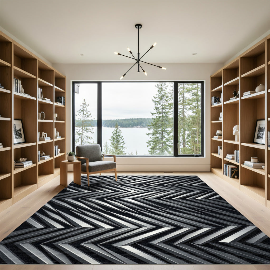 Modern Silver Chevron Jagged Lines Rug