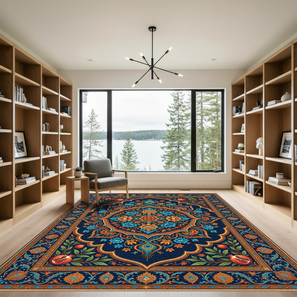 Deep Blue Pomegranate Floral Medallion Rug