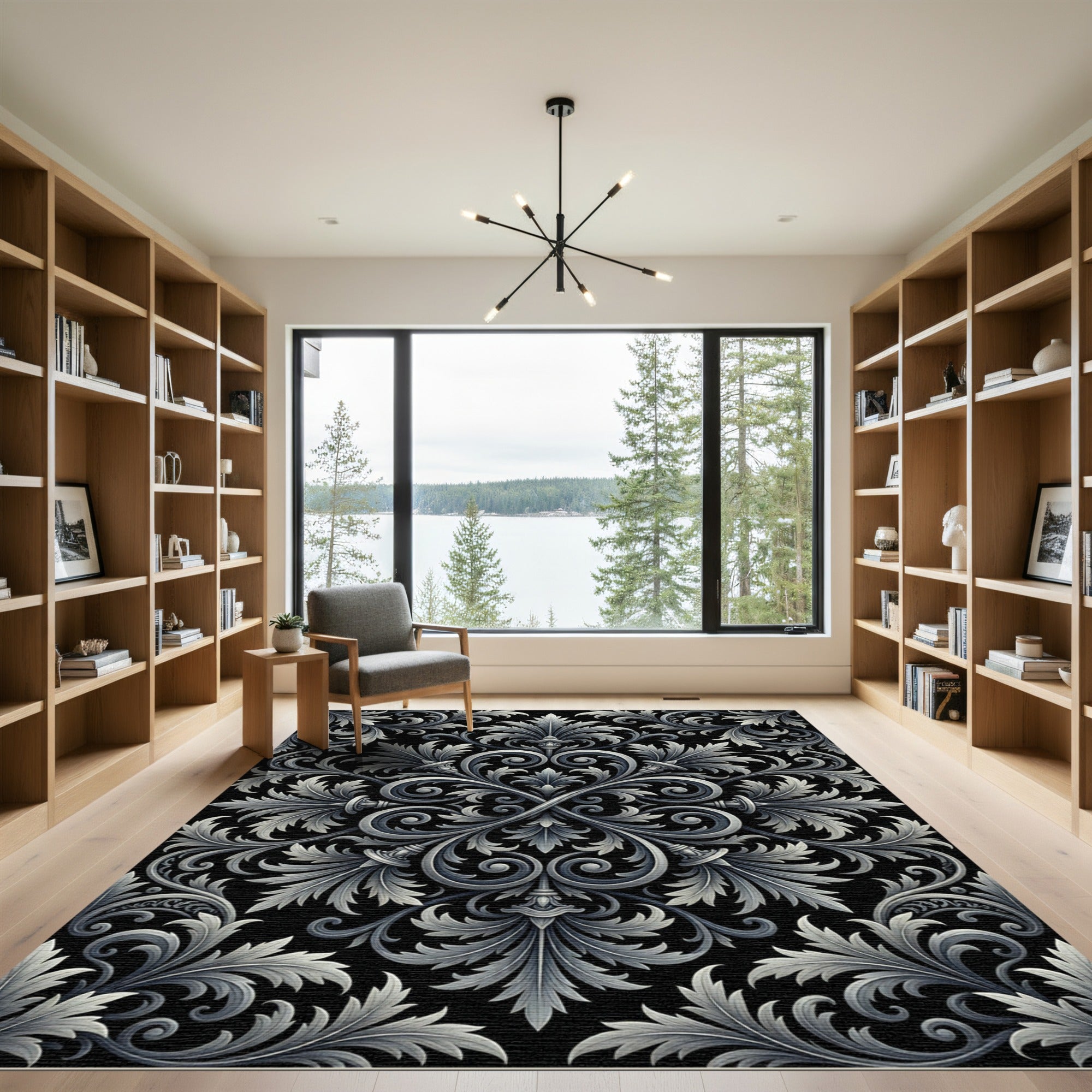 Ornate Silver Acanthus Leaf Scroll Rug