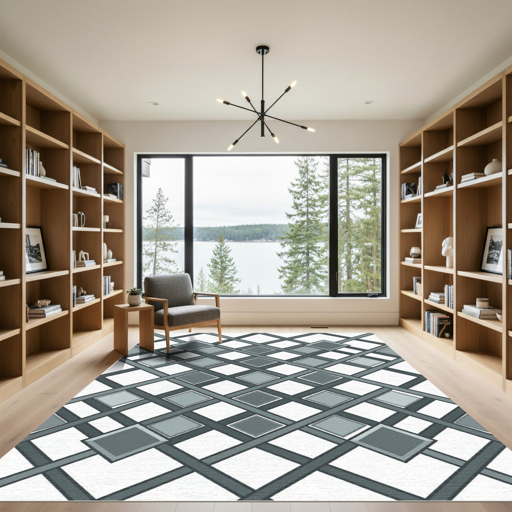 Sophisticated Slate Gray Geometric Diamond Grid Rug