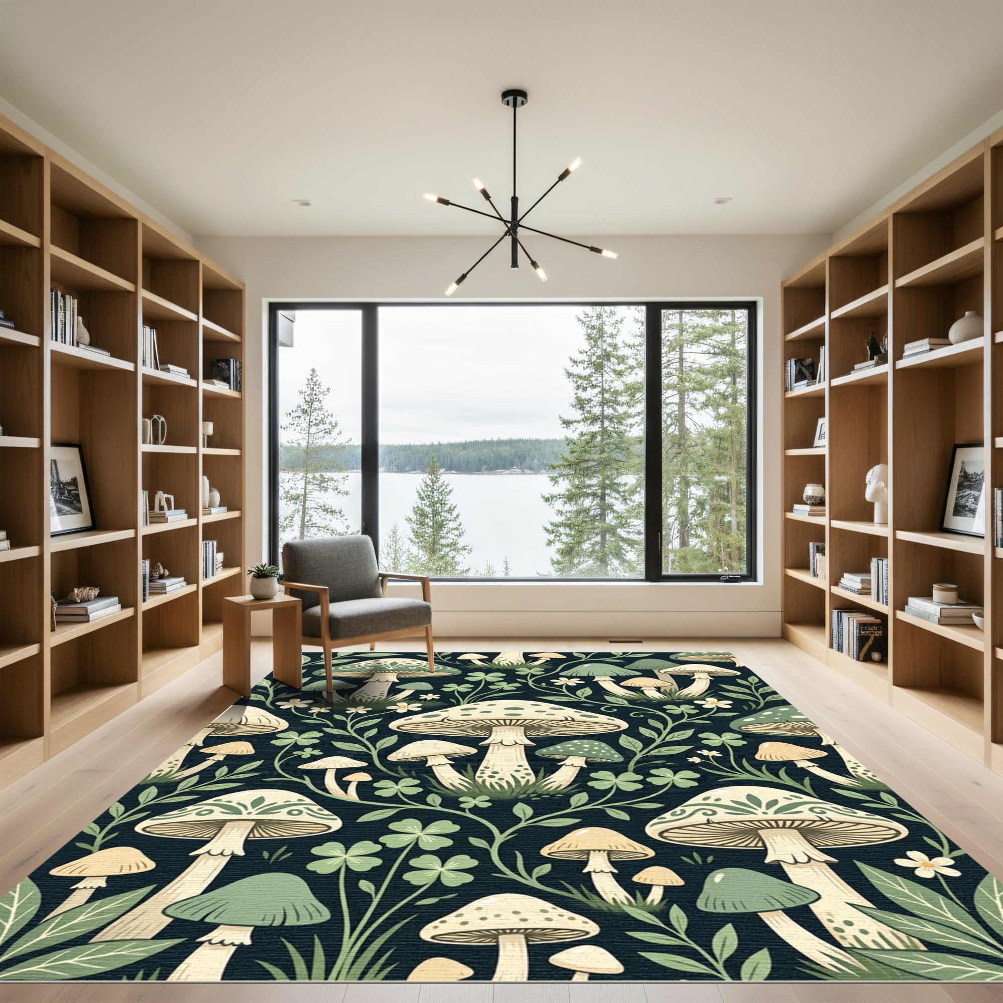 Whimsical Sage Mushroom Forest Illustration Rug